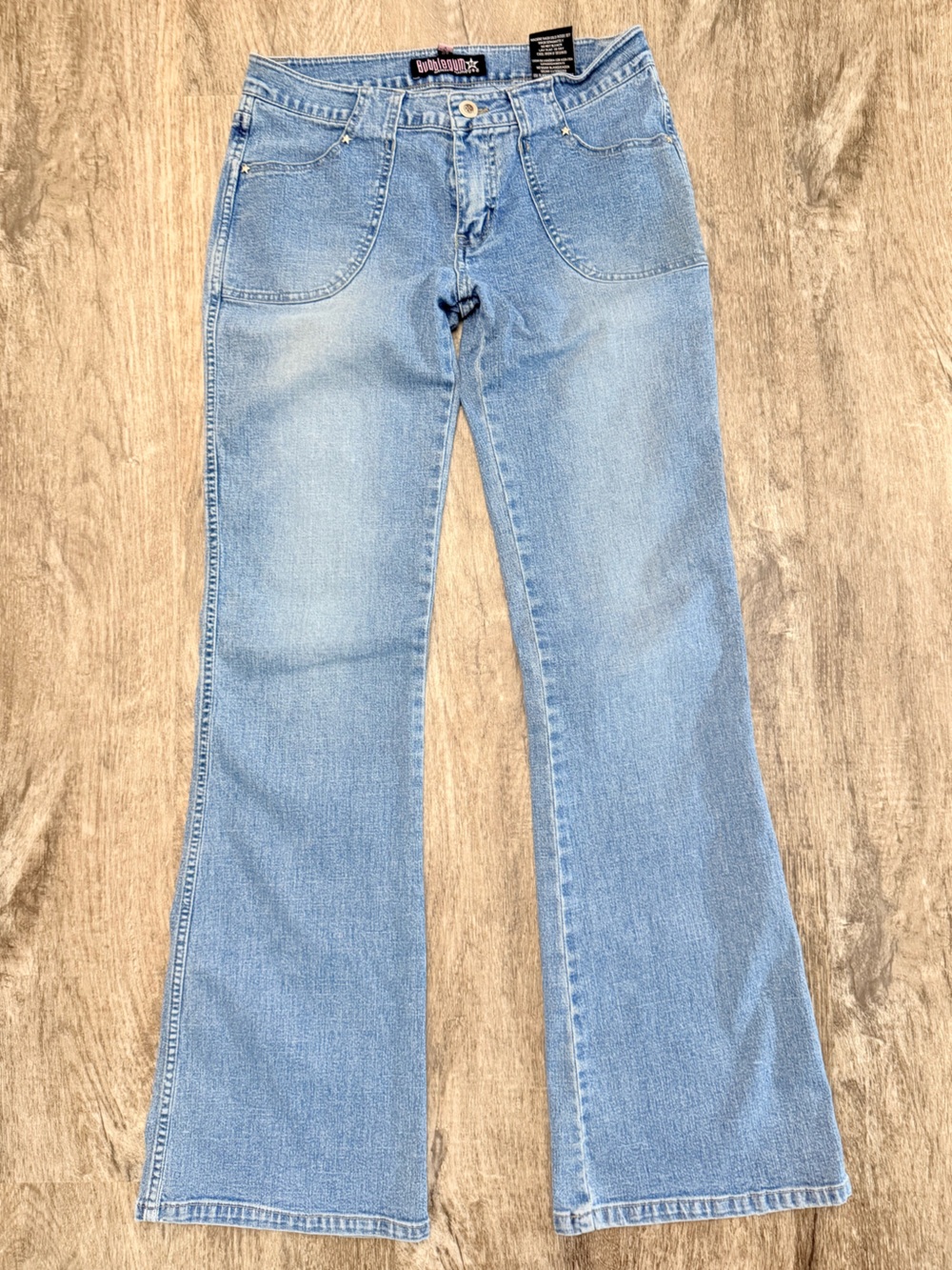 Bubblegum VTG  Light Wash Low Rise Flare Jeans Junior Sz 7/8 Studded Flap Pocket